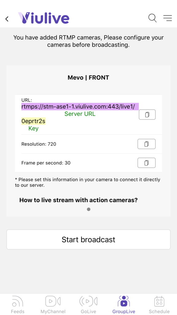 An example of a stream URL and stream key.